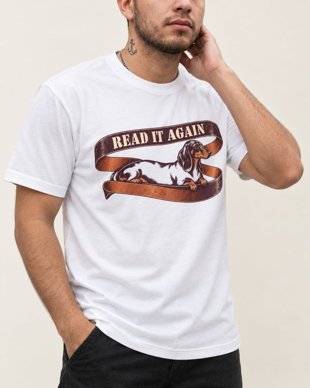 Read It Again Dachshund T-Shirt in White, worn by a model, front view
