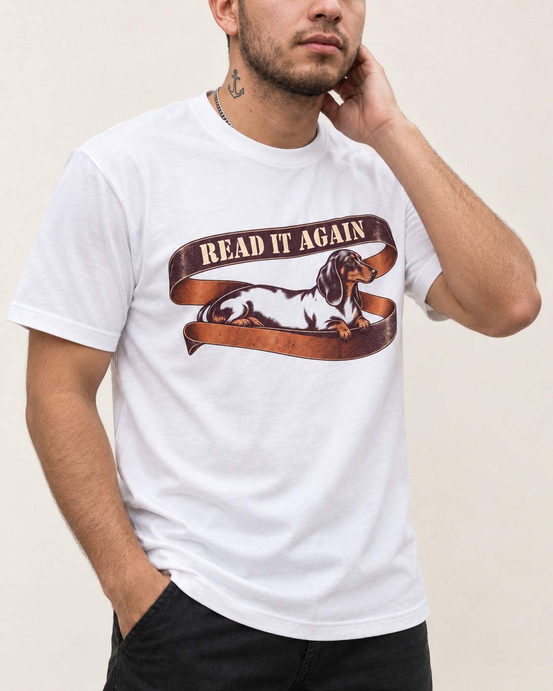 Read It Again Dachshund T-Shirt in White, worn by a model, front view