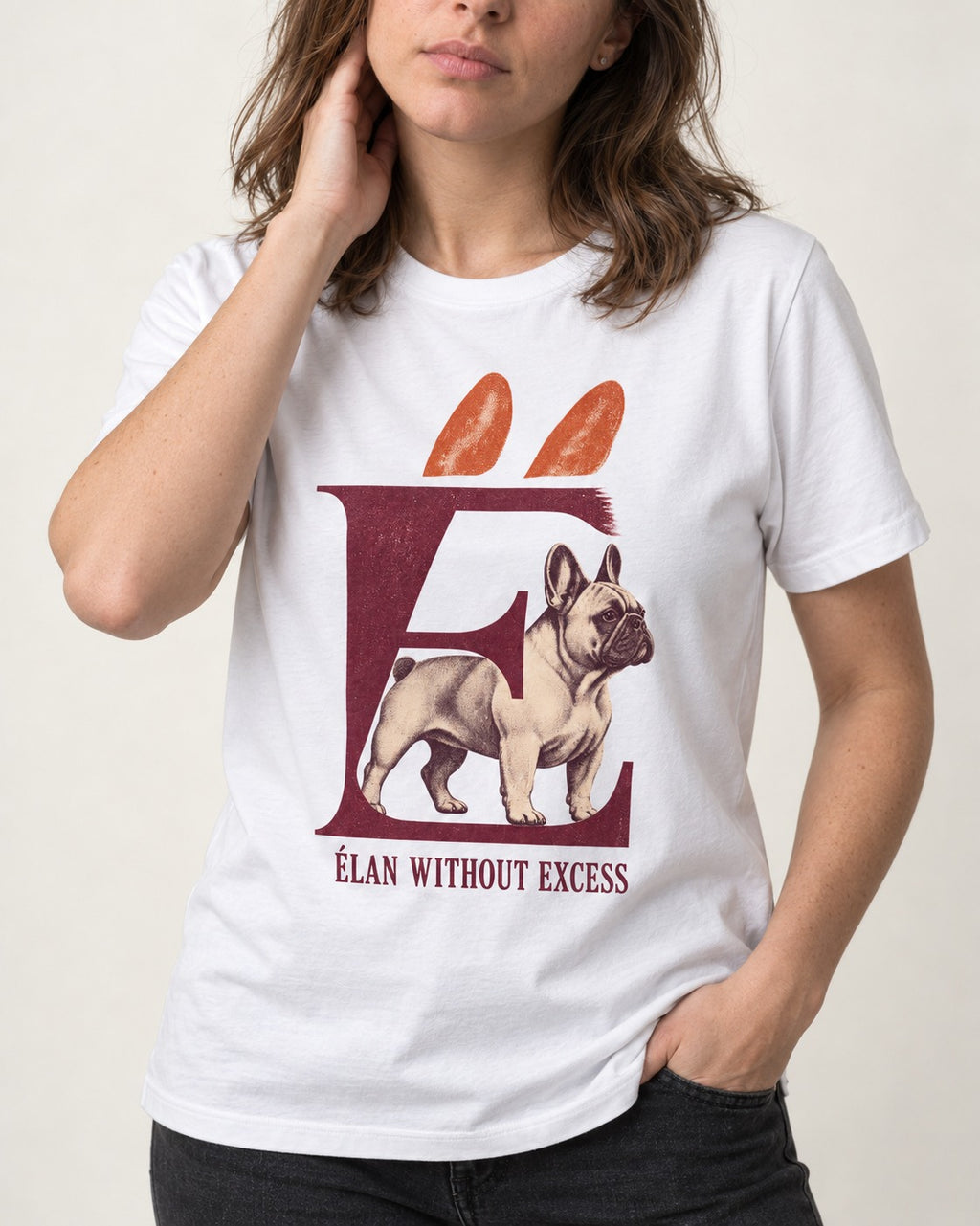 Frenchie Without Excess T-Shirt in White, worn by a model, front view