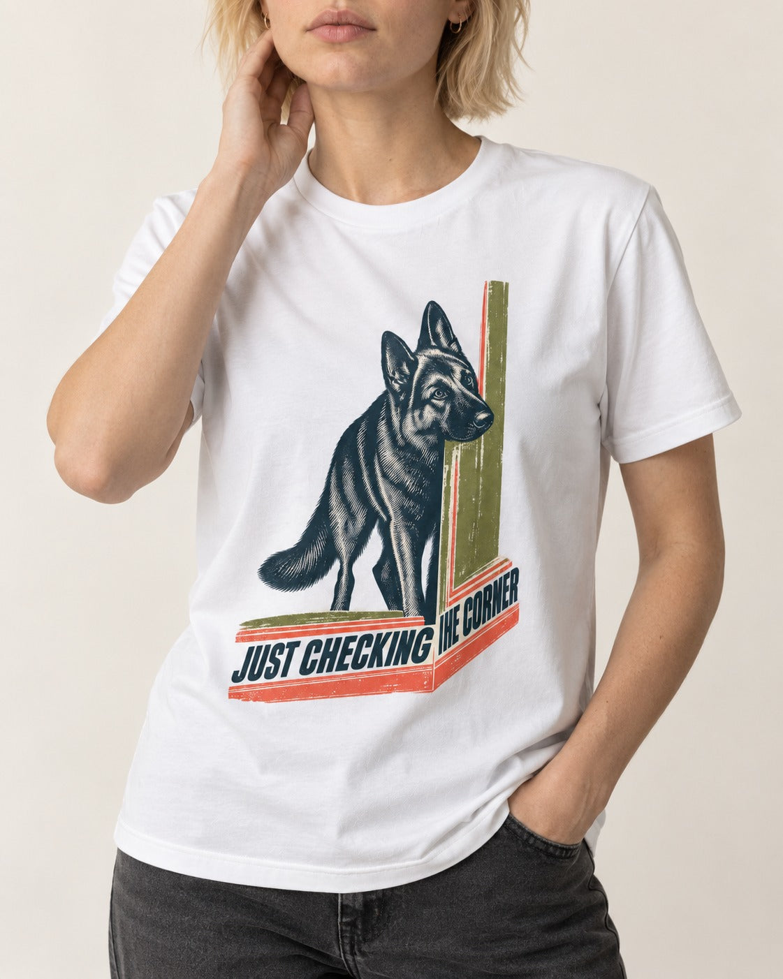 German Shepherd Dog Just Checking the Corner T-Shirt in White, worn by a model, front view