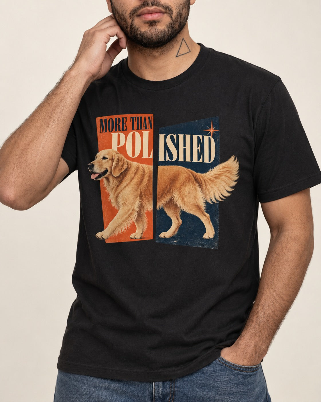 Golden Retriever More Than Polished Split Panel Graphic T-Shirt in Black, worn by a model, front view