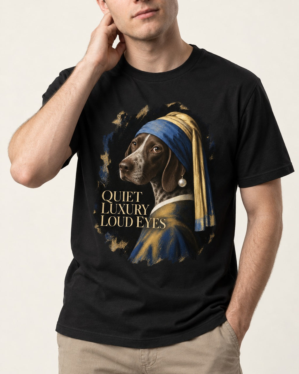 German Shorthaired Pointer Quiet Luxury Loud Eyes Pearl Earring Portrait Graphic T-Shirt in Black, worn by a model, front view