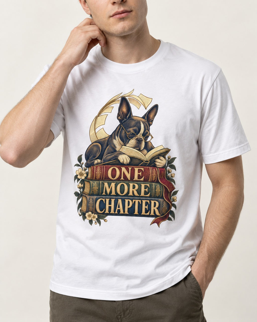 One More Chapter Boston Terrier T-Shirt in White, worn by a model, front view