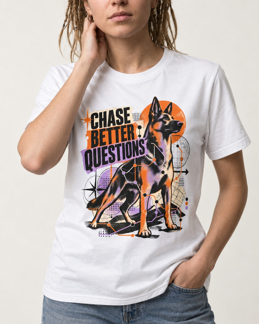 Chase Better Questions German Shepherd Dog T-Shirt in White, worn by a model, front view