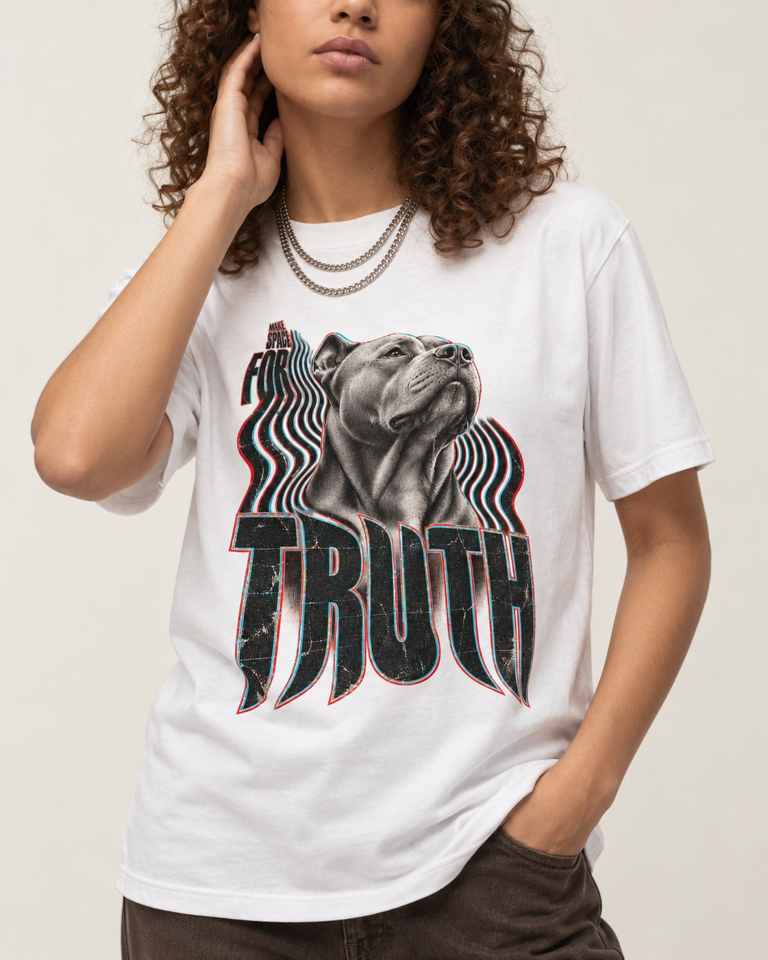 Pitbull Truth T-Shirt in White, worn by a model, front view