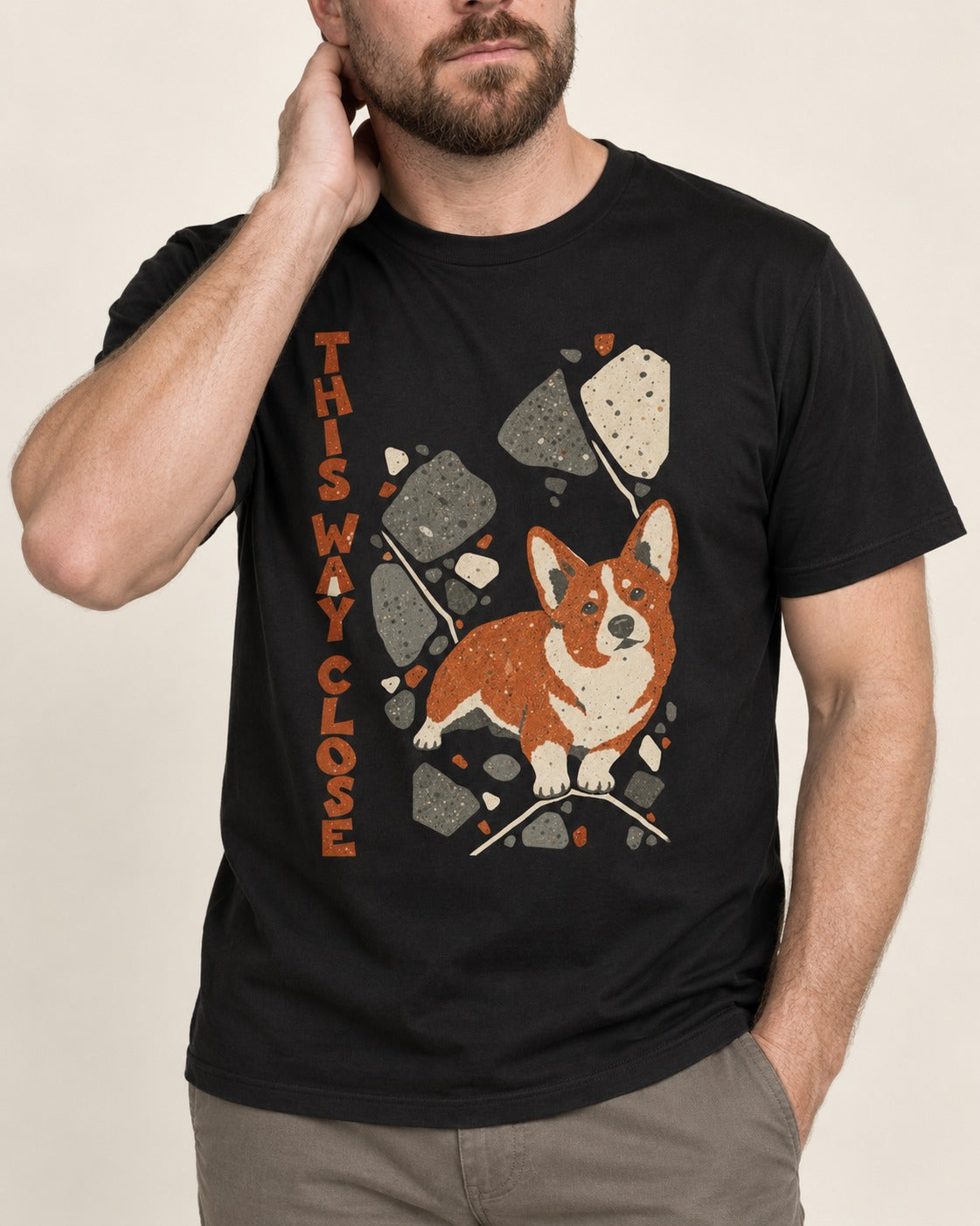 Corgi This Way Close Rubble Graphic T-Shirt in Black, worn by a model, front view