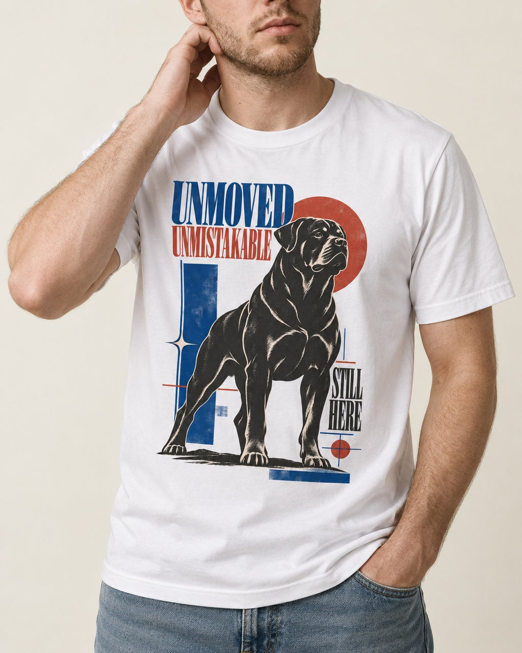Unmoved Unmistakable Rottweiler T-Shirt in White, worn by a model, front view