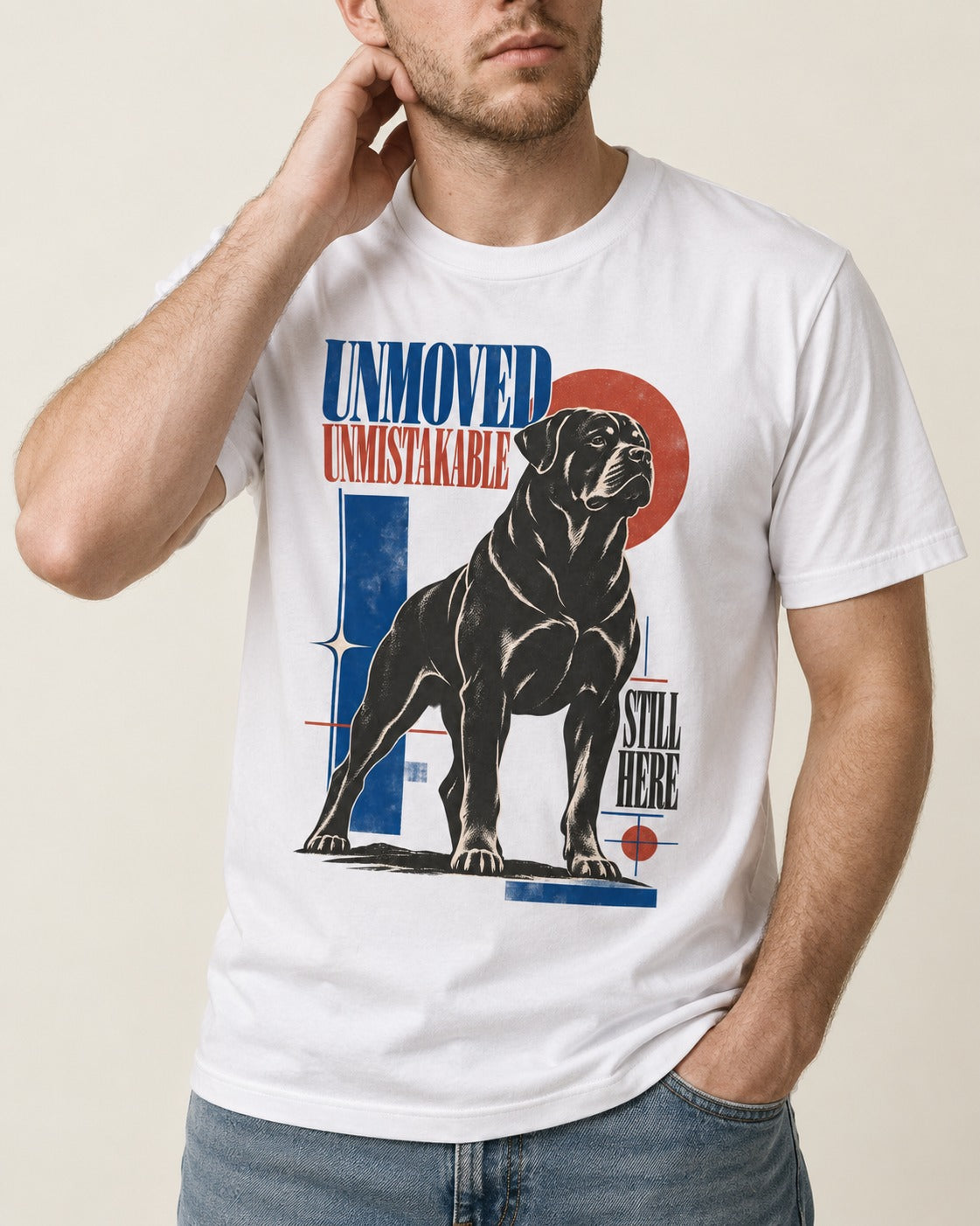 Unmoved Unmistakable Rottweiler T-Shirt in White, worn by a model, front view