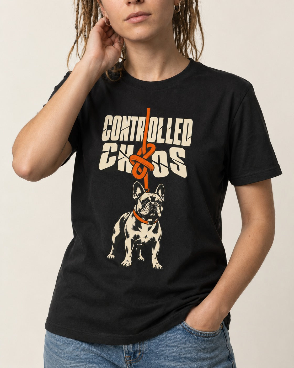 Frenchie Controlled Chaos Leash Knot Graphic T-Shirt in Black, worn by a model, front view