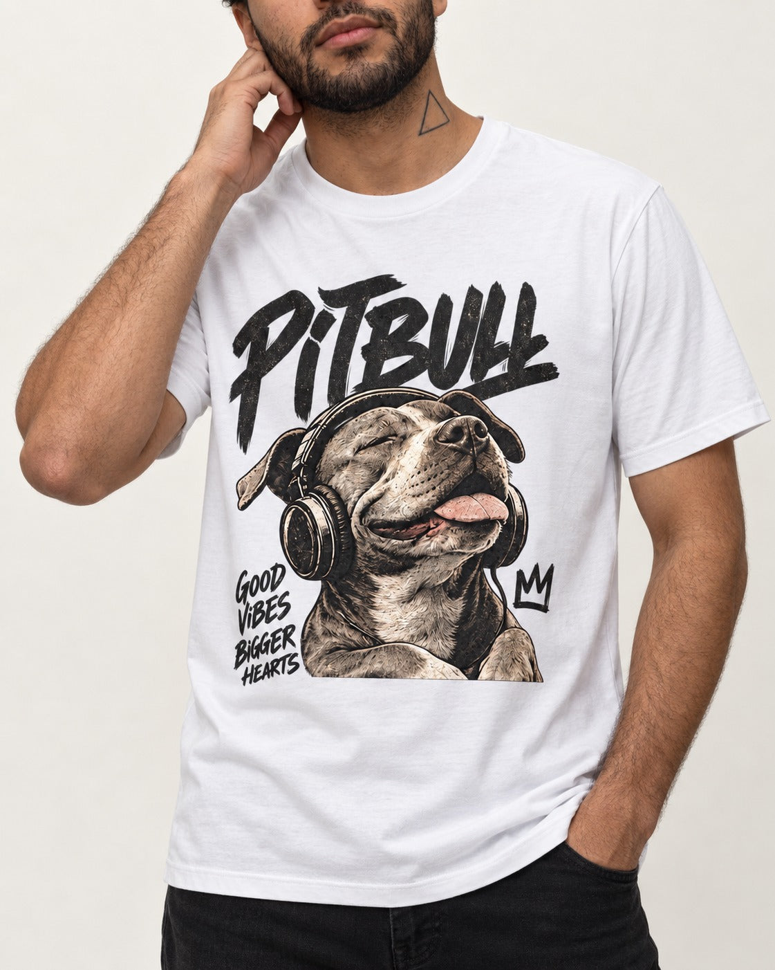 Pitbull Good Vibes Bigger Hearts T-Shirt in White, worn by a model, front view