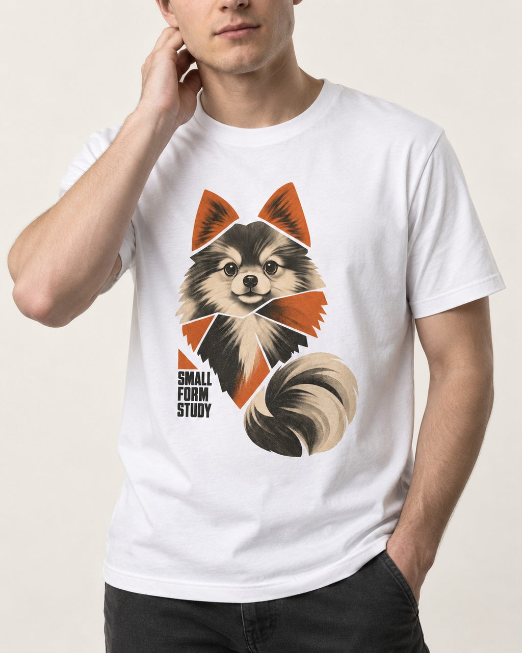 Pomeranian Small Form Study T-Shirt in White, worn by a model, front view