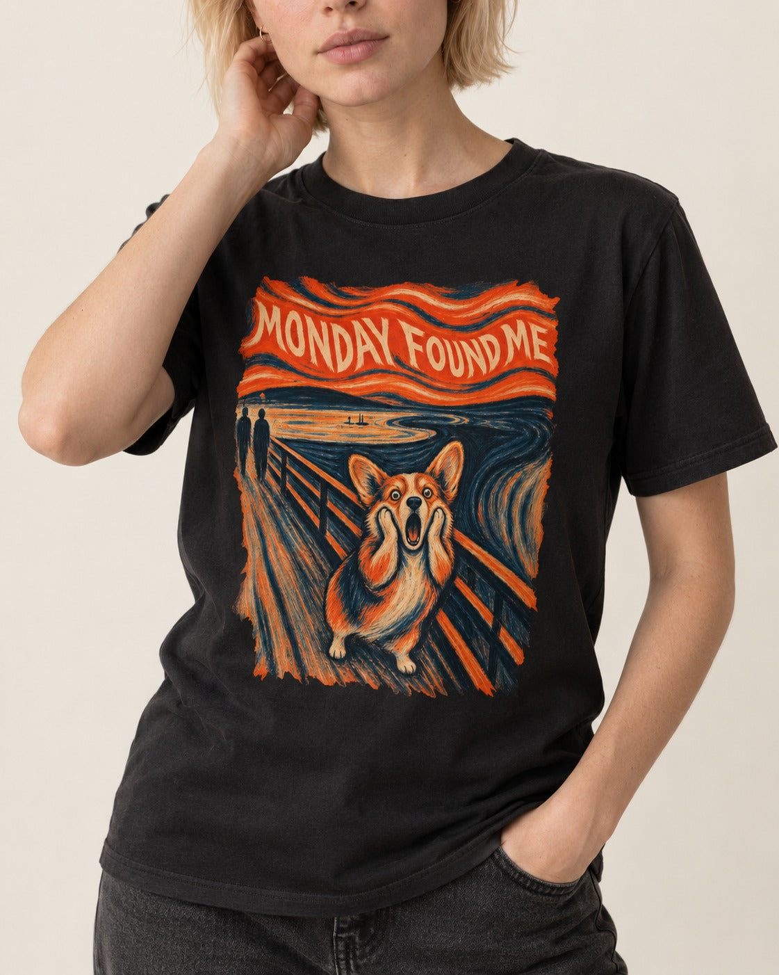 Corgi Monday Found Me Scream Banner T-Shirt in Black, worn by a model, front view