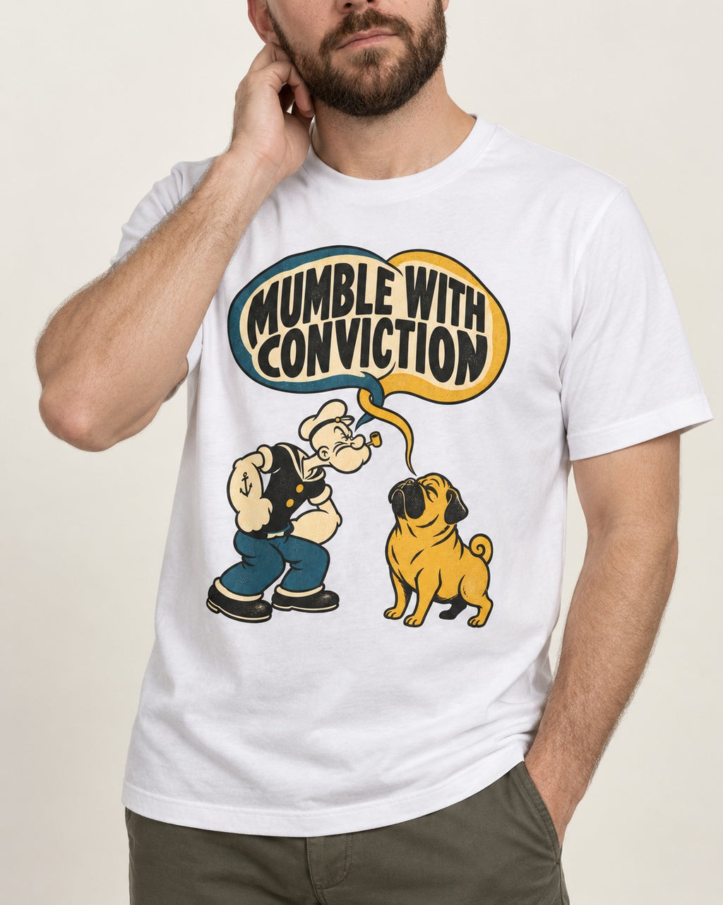 Pug Mumble with Conviction T-Shirt in White, worn by a model, front view