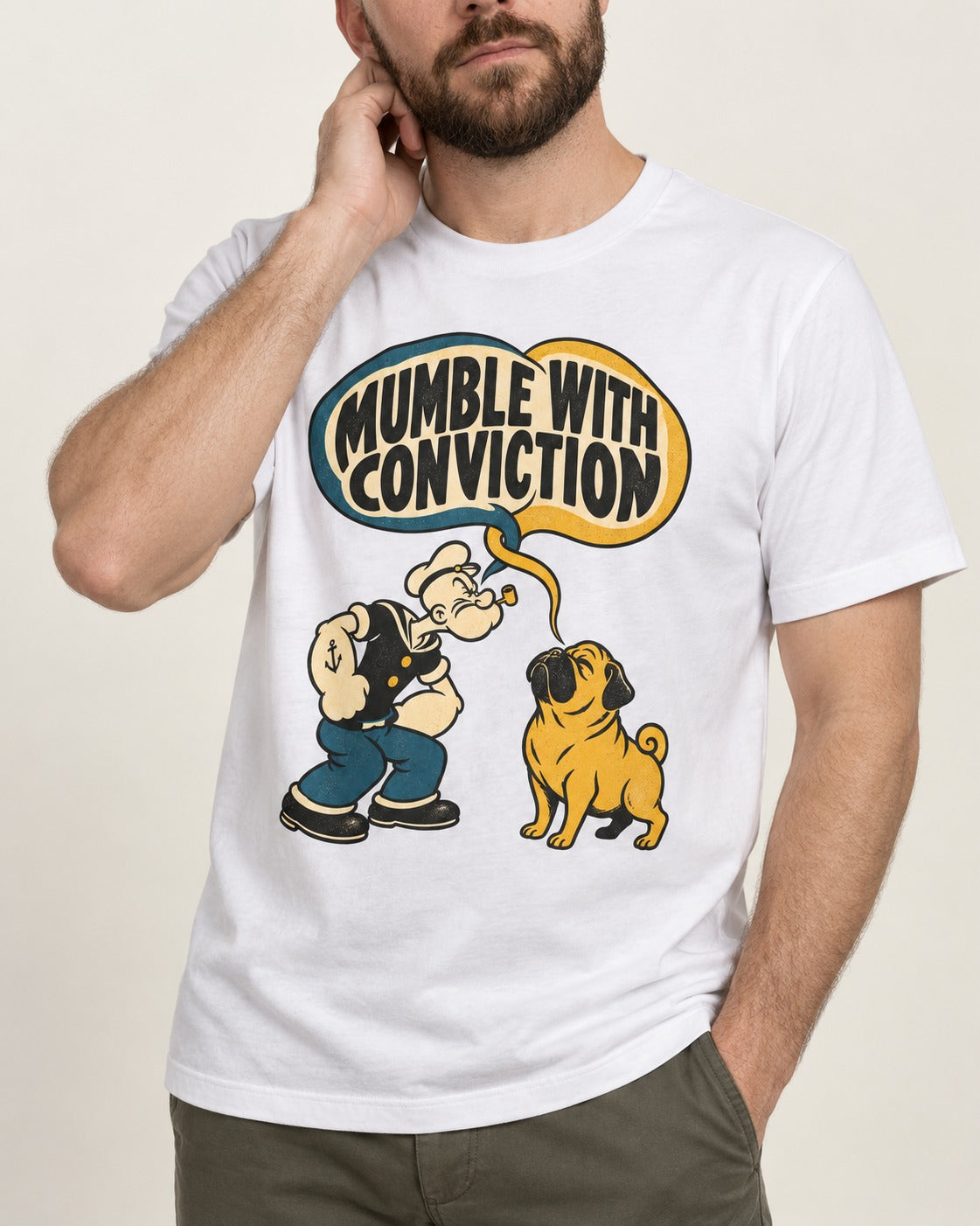 Pug Mumble with Conviction T-Shirt in White, worn by a model, front view