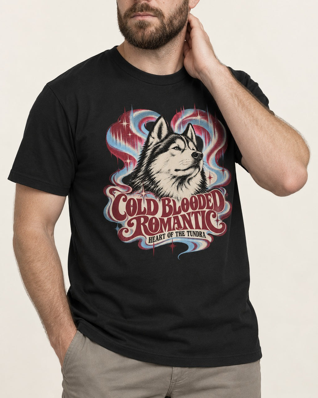 Husky Cold Blooded Romantic Heart of the Tundra Graphic T-Shirt in Black, worn by a model, front view