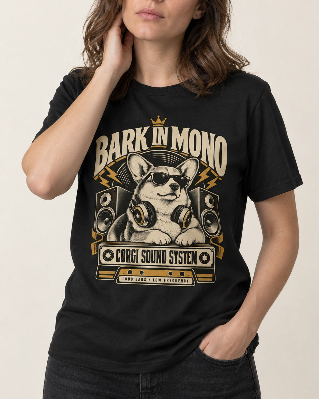 Corgi Bark in Mono Sound System T-Shirt in Black, worn by a model, front view