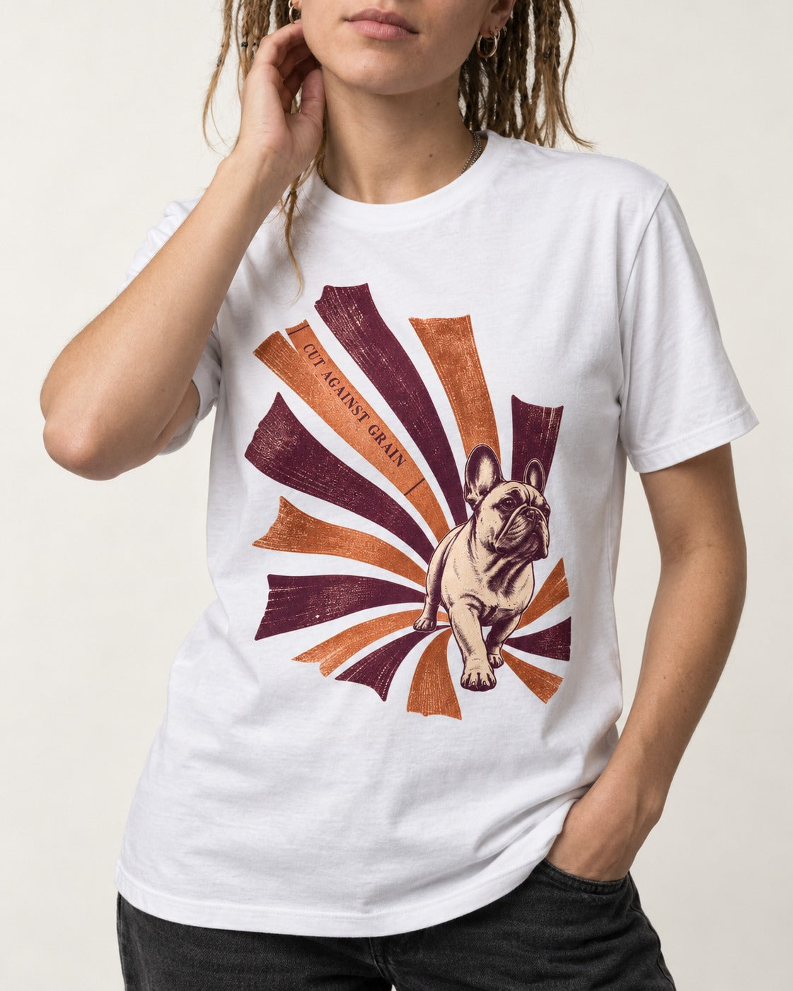 Frenchie Against the Grain T-Shirt in White, worn by a model, front view