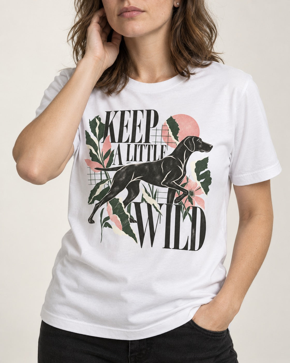 Keep a Little Wild German Shorthaired Pointer T-Shirt in White, worn by a model, front view