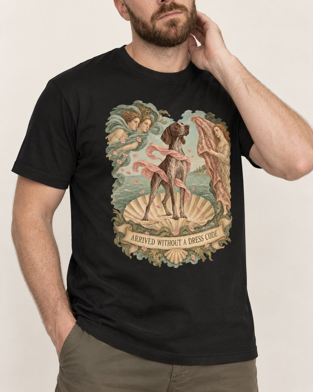 German Shorthaired Pointer Arrived Without A Dress Code Birth Of Venus Graphic T-Shirt in Black, worn by a model, front view