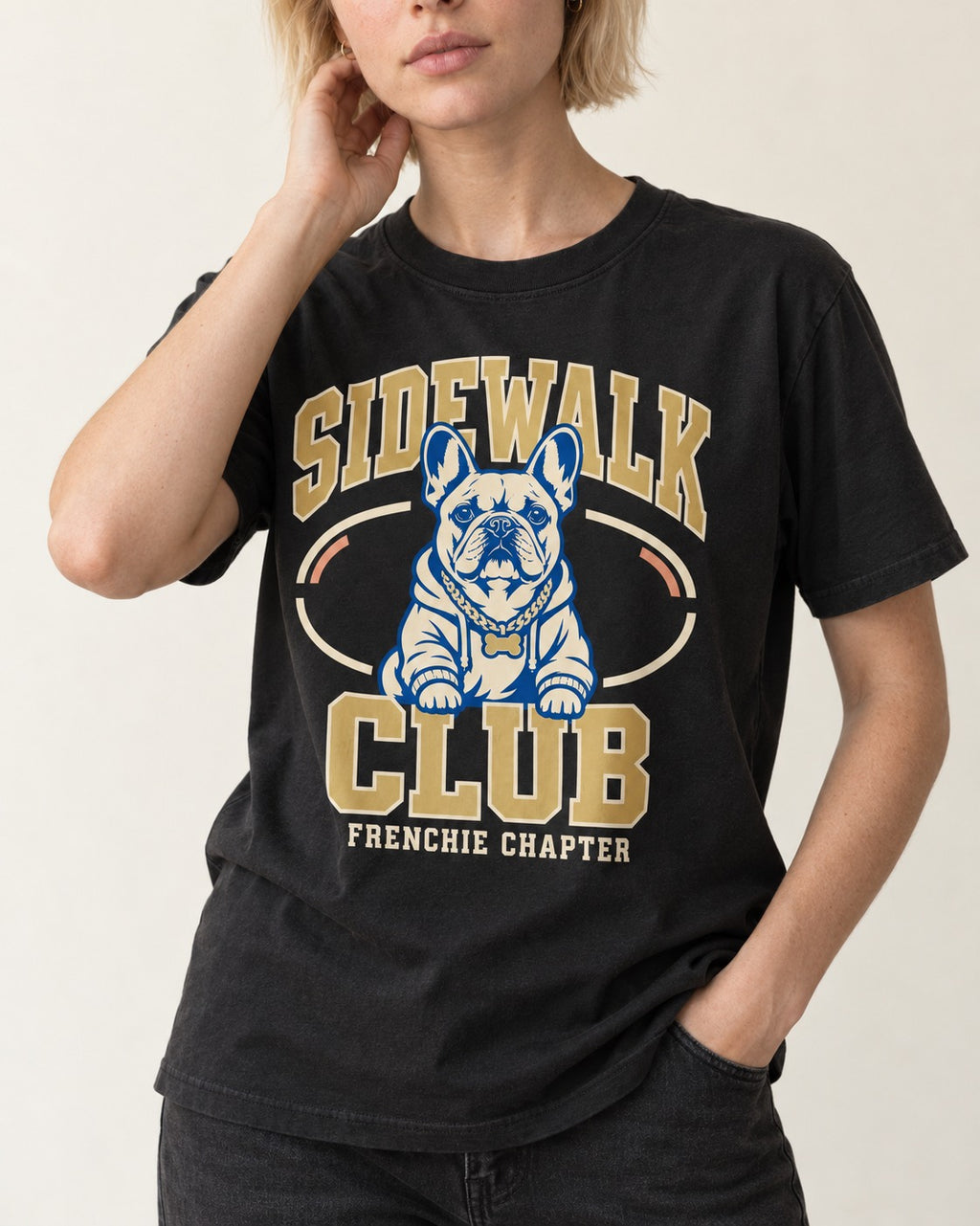 Frenchie Sidewalk Club Chapter Graphic T-Shirt in Black, worn by a model, front view