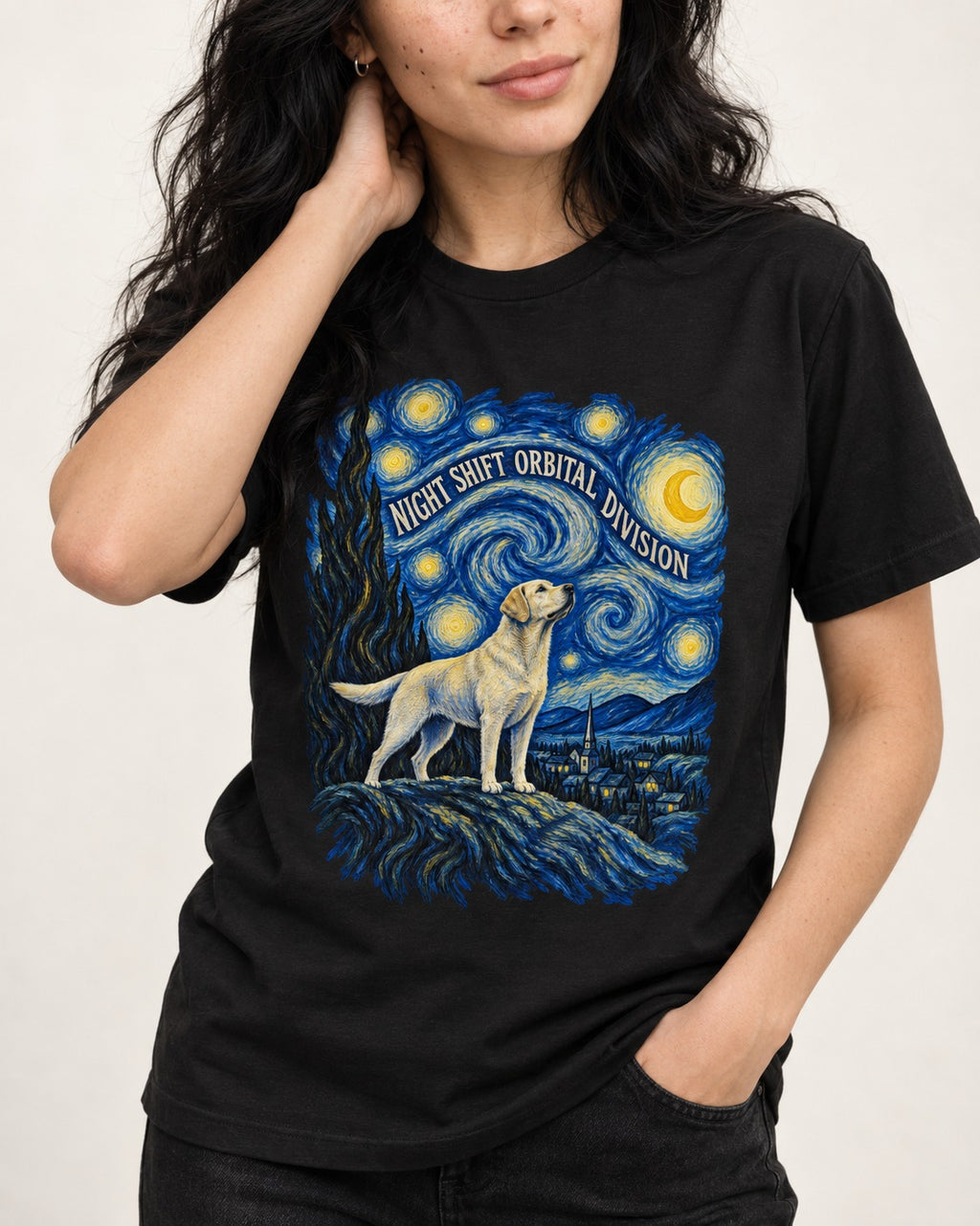 Labrador Retriever Night Shift Orbital Division Starry Night Graphic T-Shirt in Black, worn by a model, front view