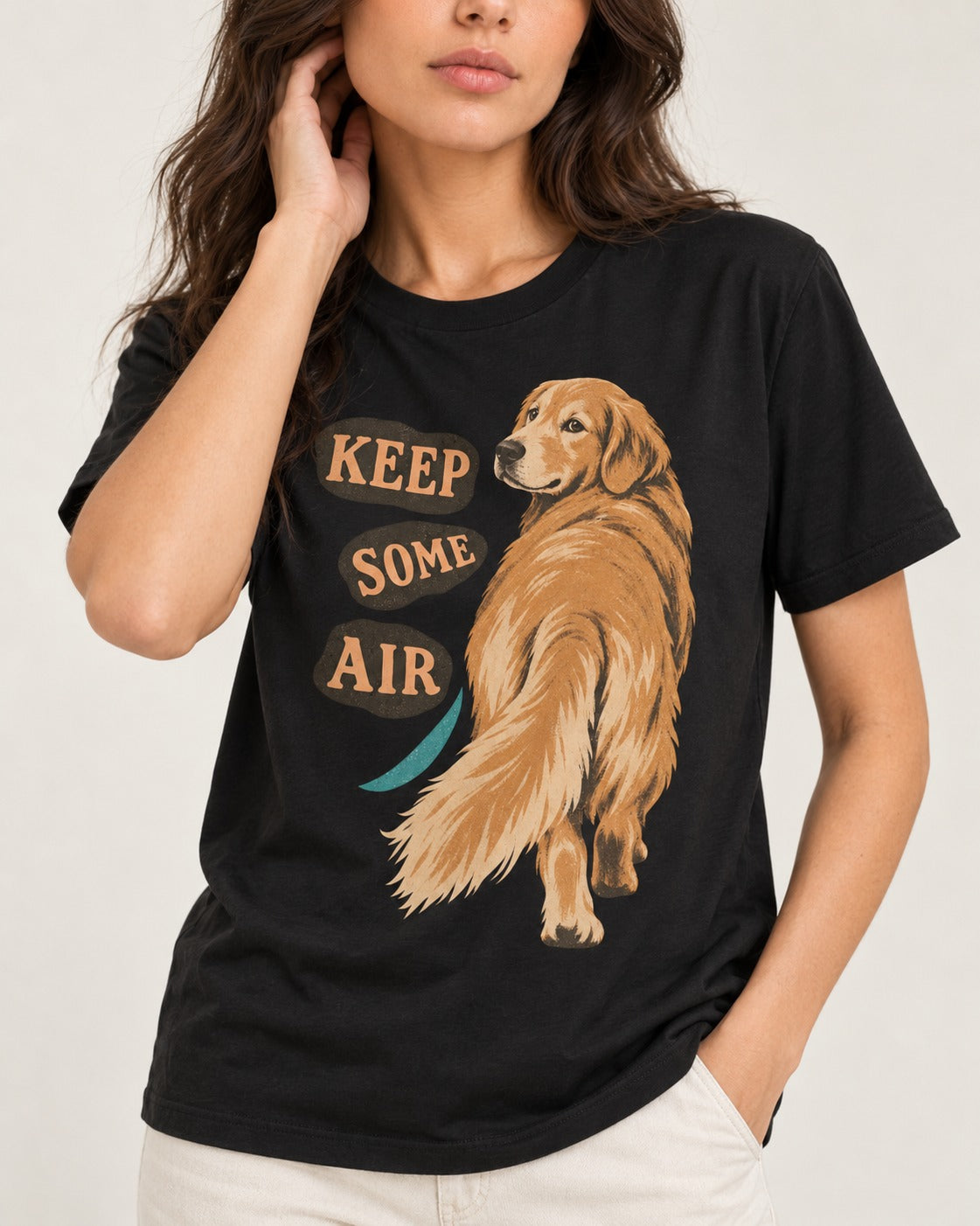 Golden Retriever Keep Some Air Looking Back Graphic T-Shirt in Black, worn by a model, front view
