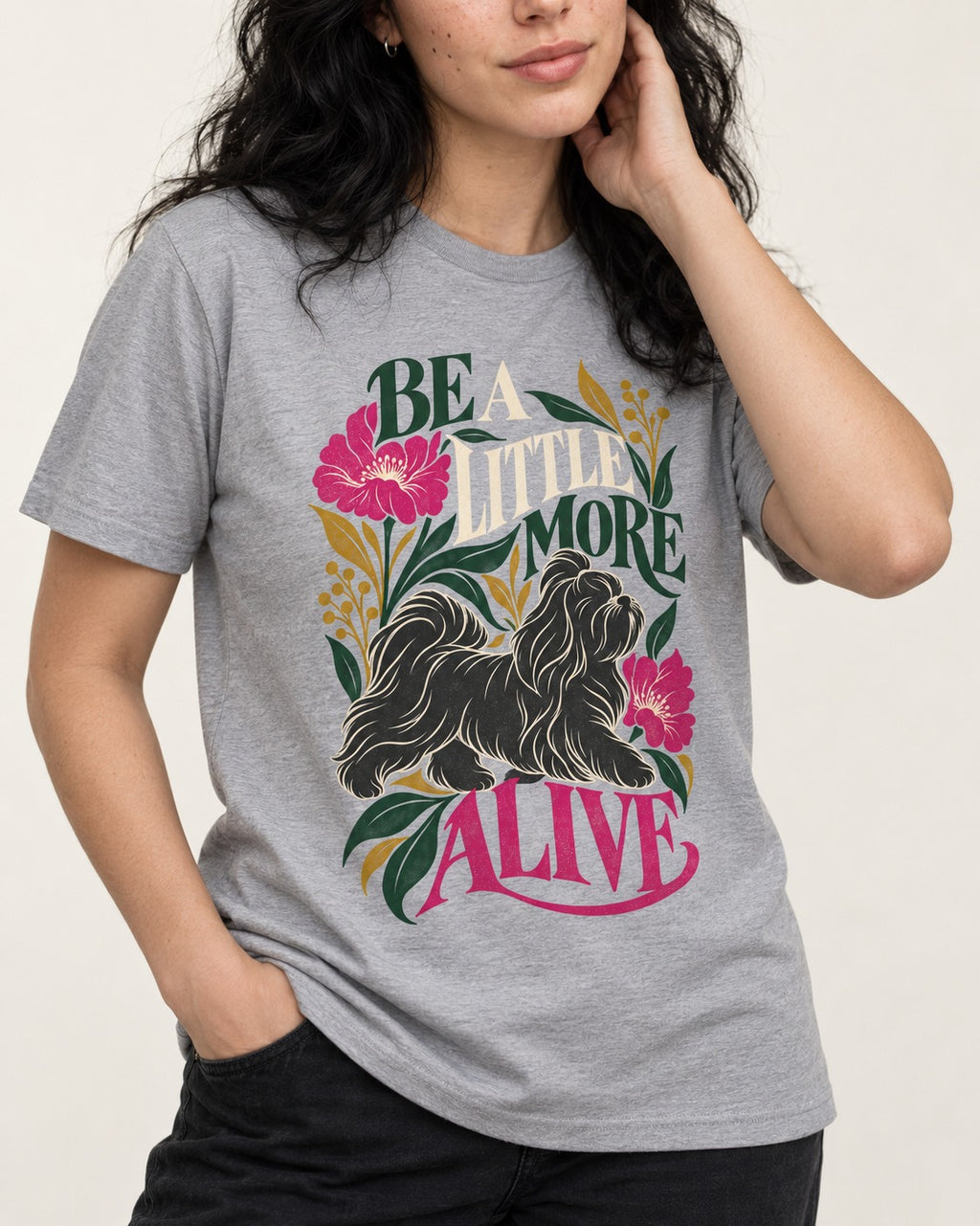 Shih Tzu Be a Little More Alive Botanical Graphic T-Shirt in Sport Grey, worn by a model, front view