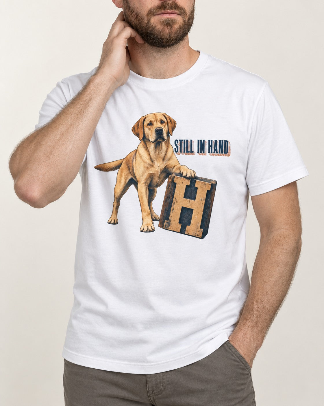 Labrador Retriever Still in Hand T-Shirt in White, worn by a model, front view