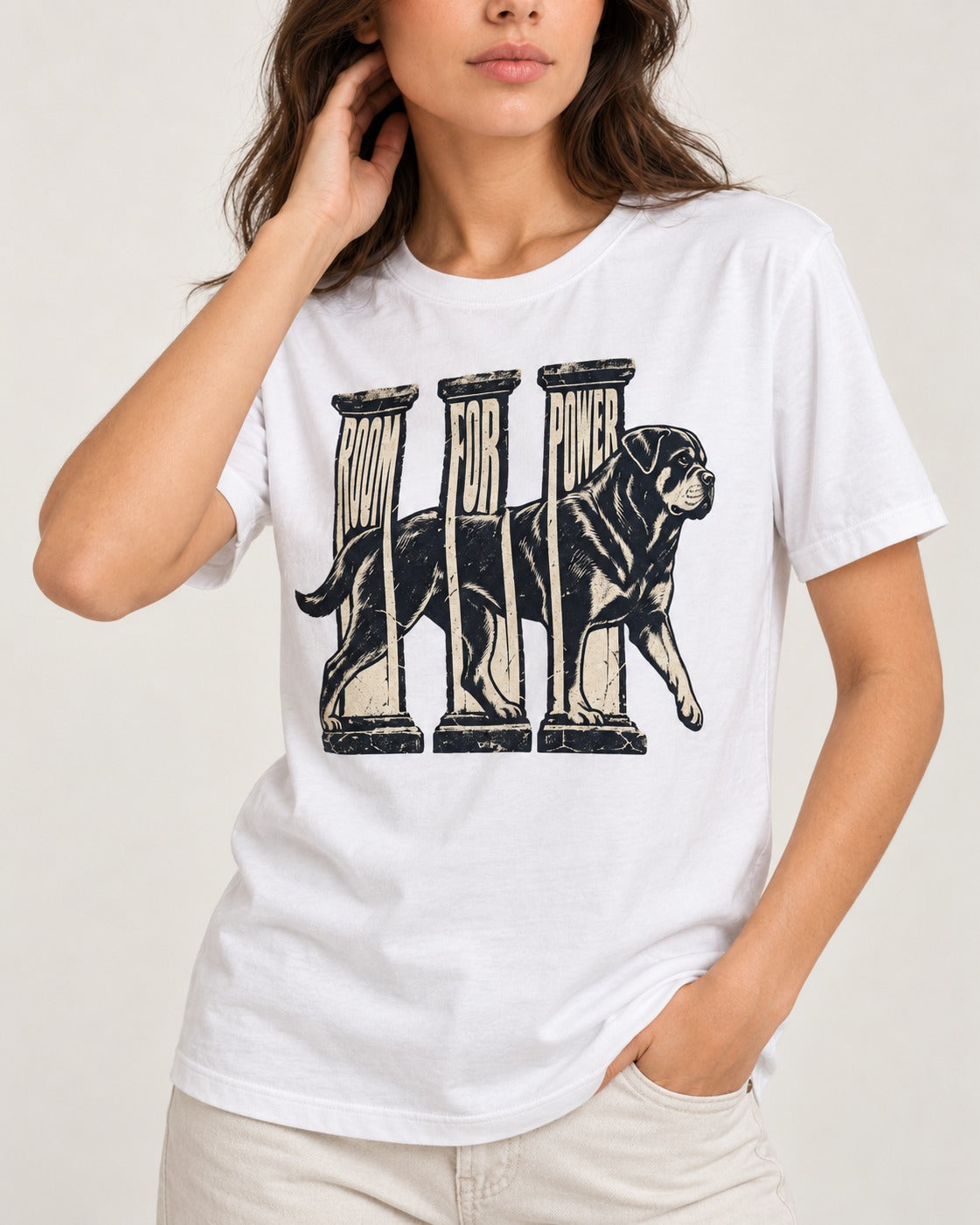 Room for Rottweiler Power T-Shirt in White, worn by a model, front view