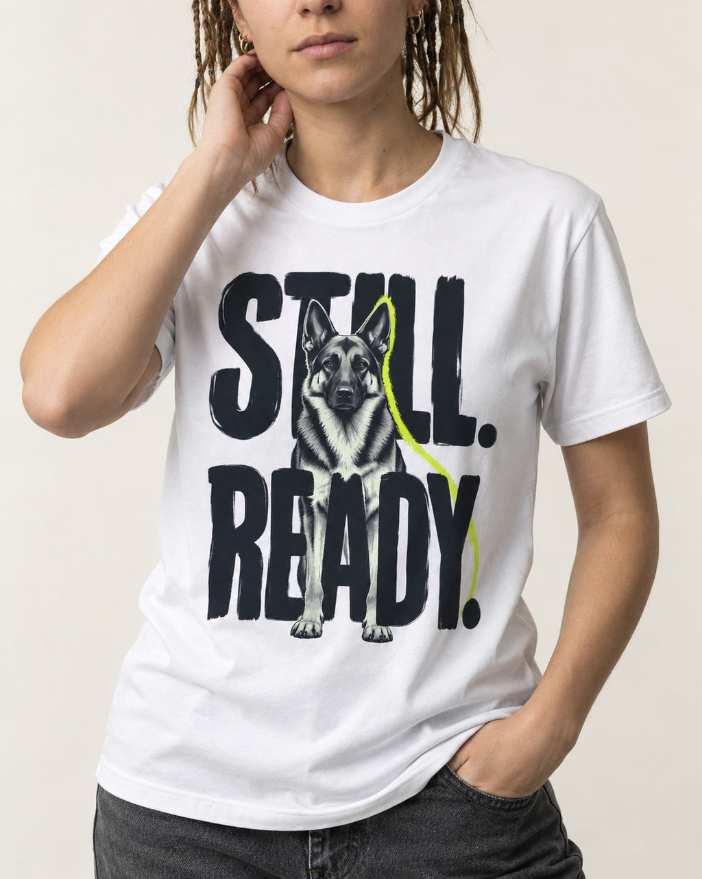 Still Ready German Shepherd Dog T-Shirt in White, worn by a model, front view