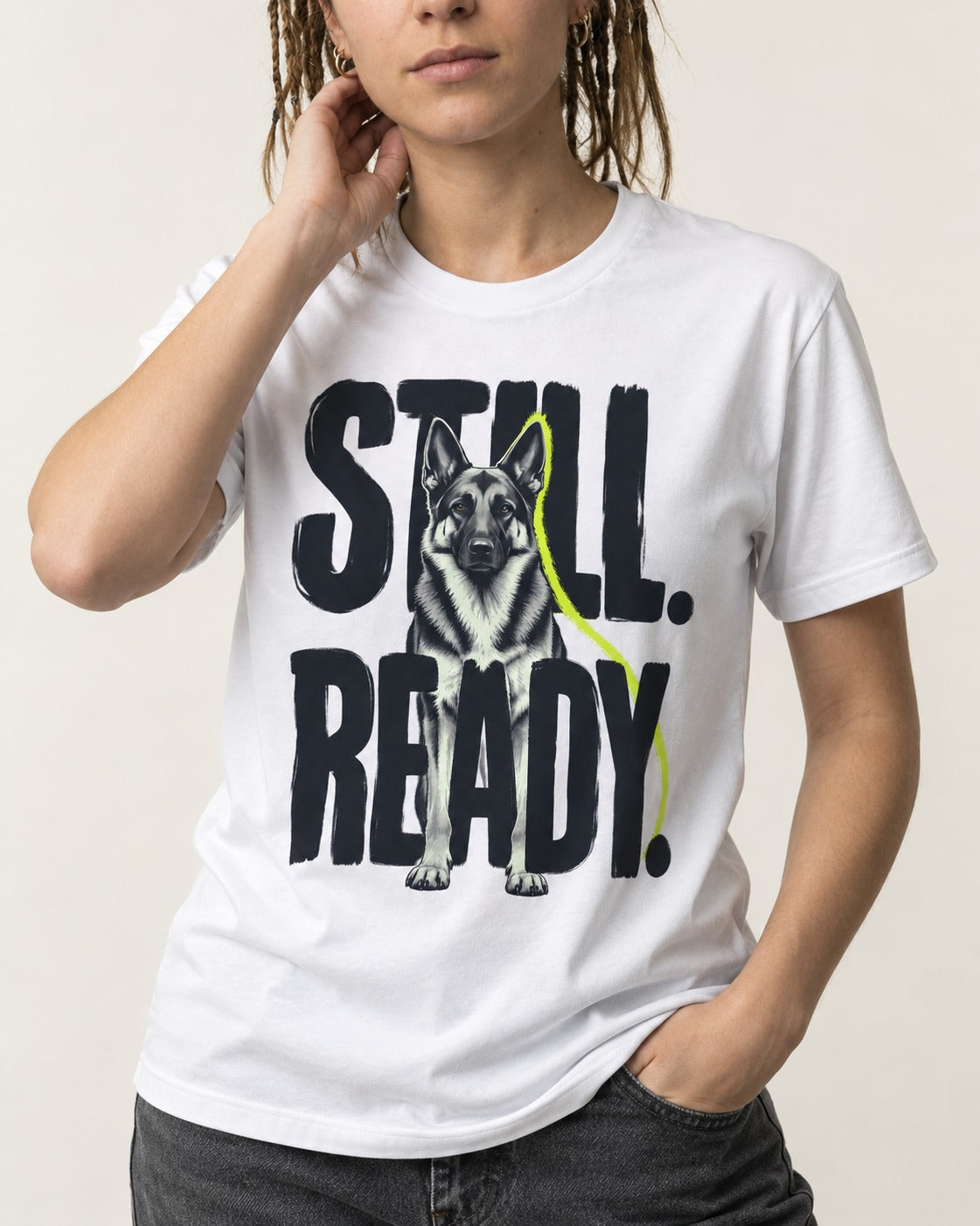 Still Ready German Shepherd Dog T-Shirt in White, worn by a model, front view