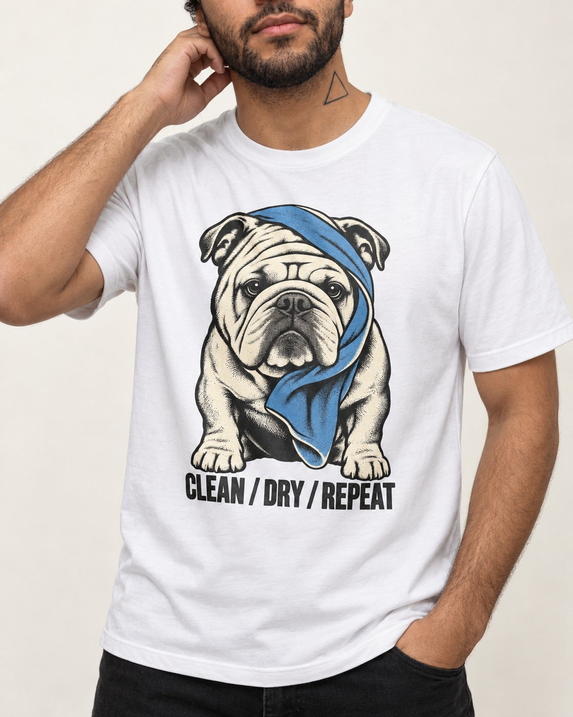 Clean Dry Repeat English Bulldog T-Shirt in White, worn by a model, front view