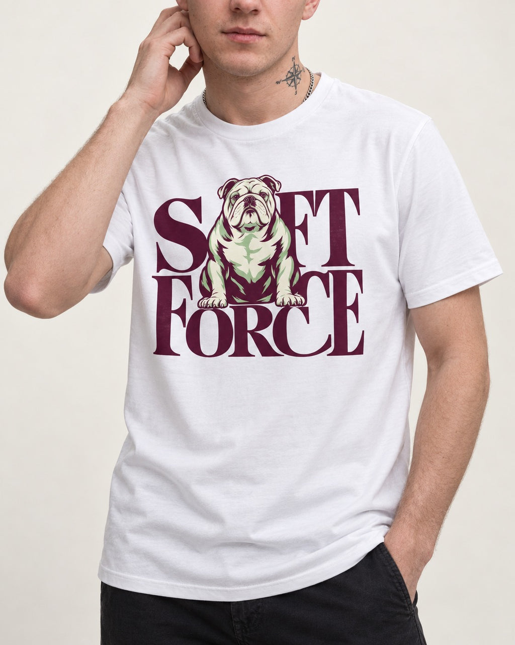 Set Force English Bulldog T-Shirt in White, worn by a model, front view