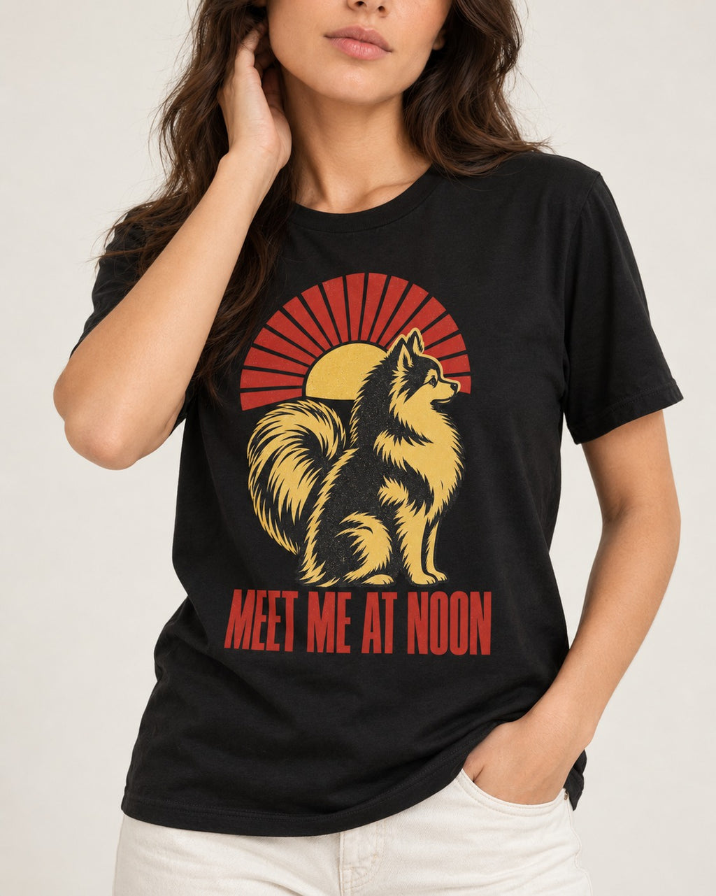 Pomeranian Meet Me at Noon Sunburst Graphic T-Shirt in Black, worn by a model, front view