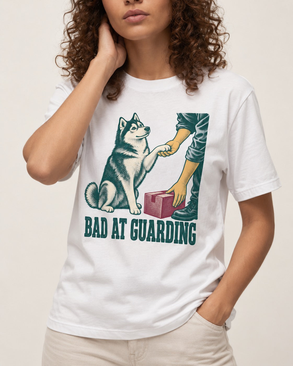 Husky's Bad at Guarding T-Shirt in White, worn by a model, front view