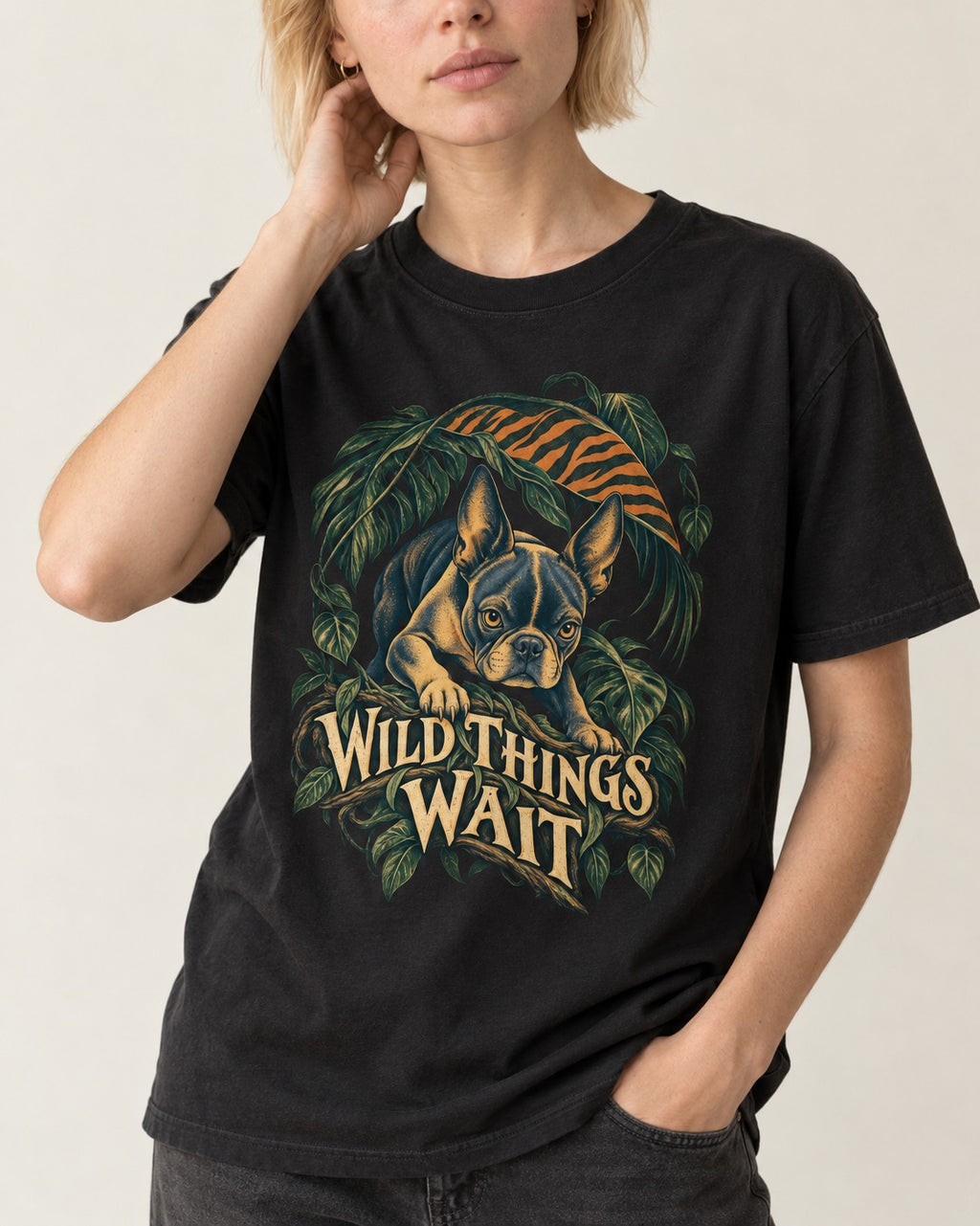 Boston Terrier Wild Things Wait T-Shirt in Black, worn by a model, front view