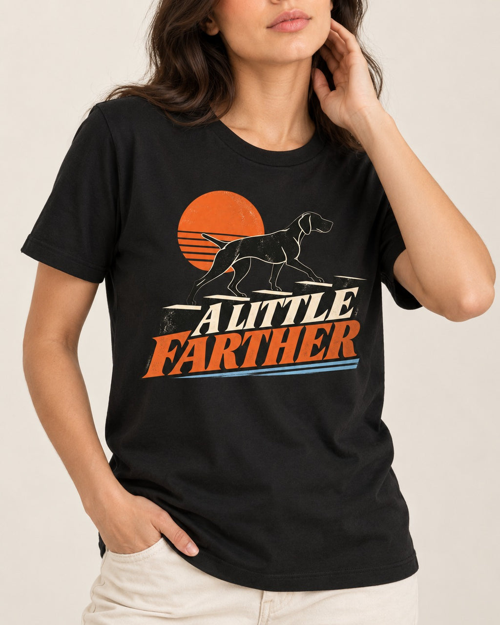 German Shorthaired Pointer A Little Farther Sunset Steps Graphic T-Shirt in Black, worn by a model, front view