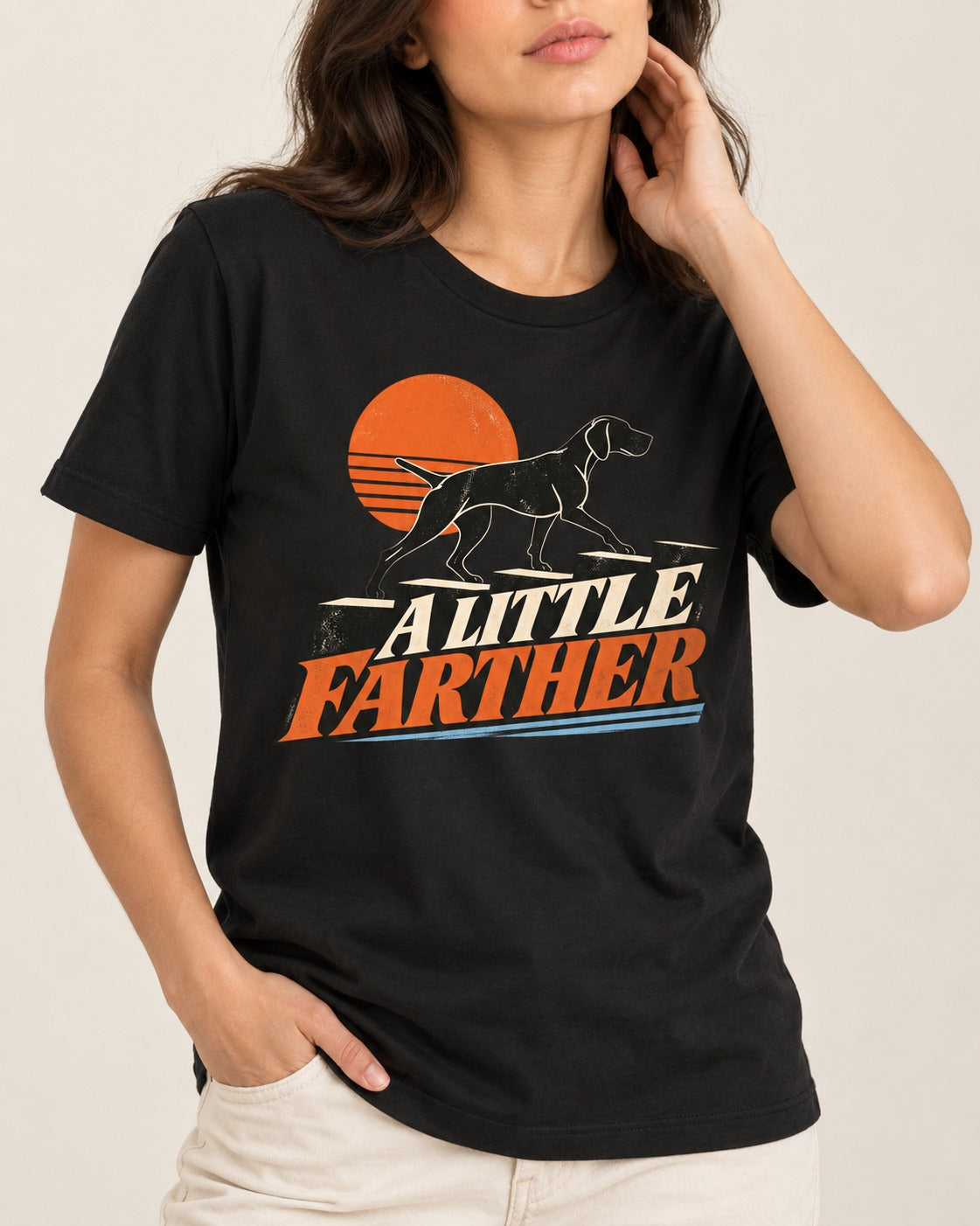 German Shorthaired Pointer A Little Farther Sunset Steps Graphic T-Shirt in Black, worn by a model, front view
