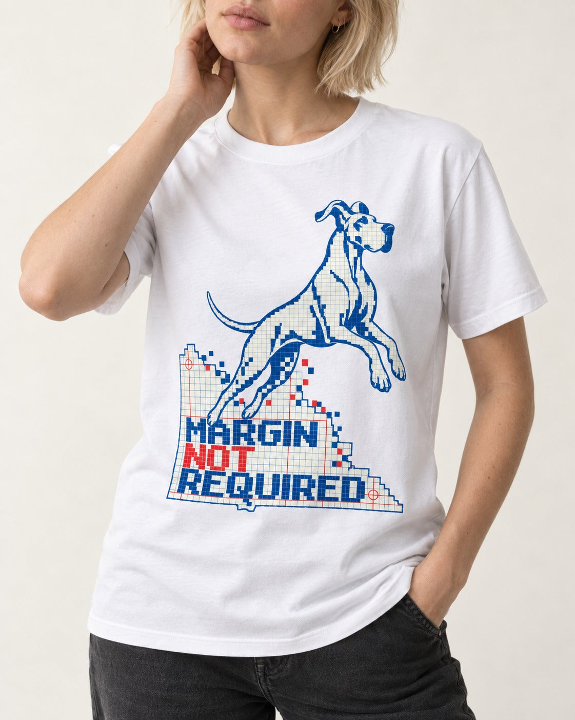 Great Dane Margin Not Required T-Shirt in White, worn by a model, front view