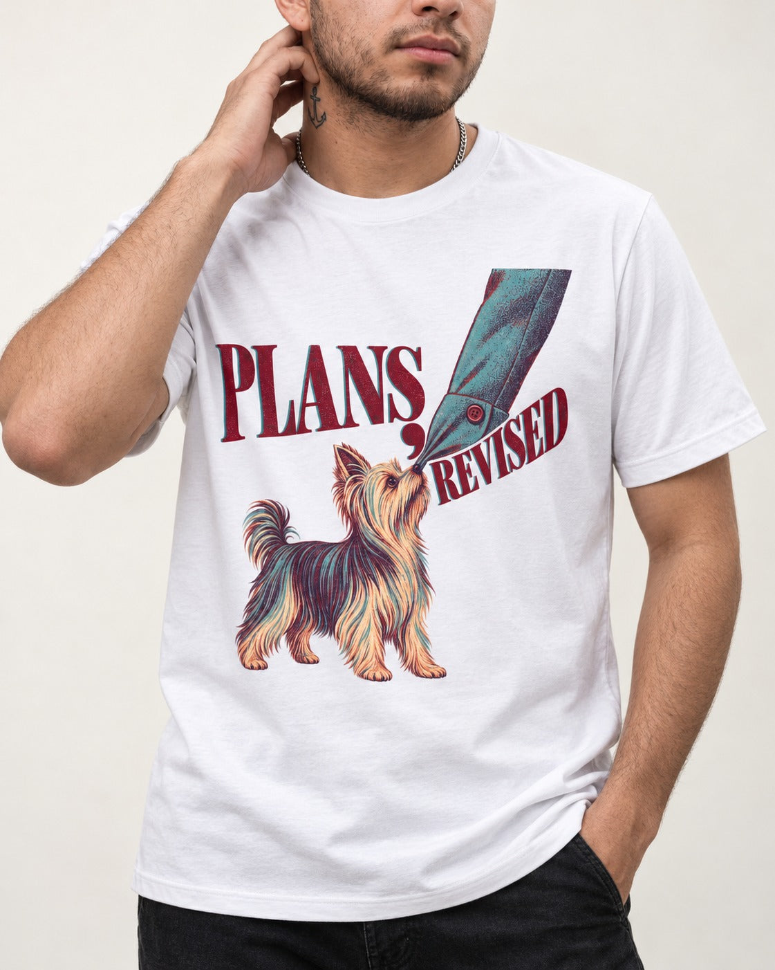 Yorkshire Terrier Plans Revised T-Shirt in White, worn by a model, front view