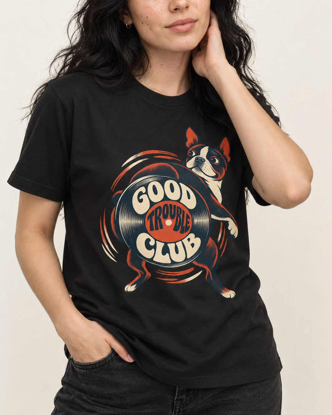 Good Trouble Club Boston Terrier T-Shirt in Black, worn by a model, front view