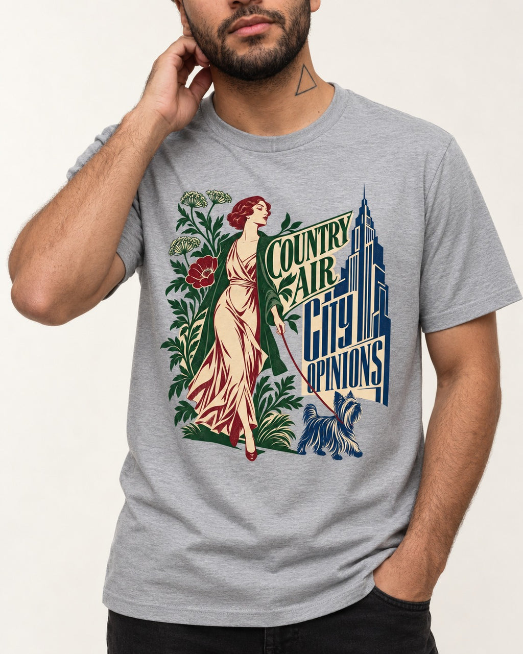 Yorkshire Terrier Country Air City Opinions Botanical Graphic T-Shirt in Sport Grey, worn by a model, front view
