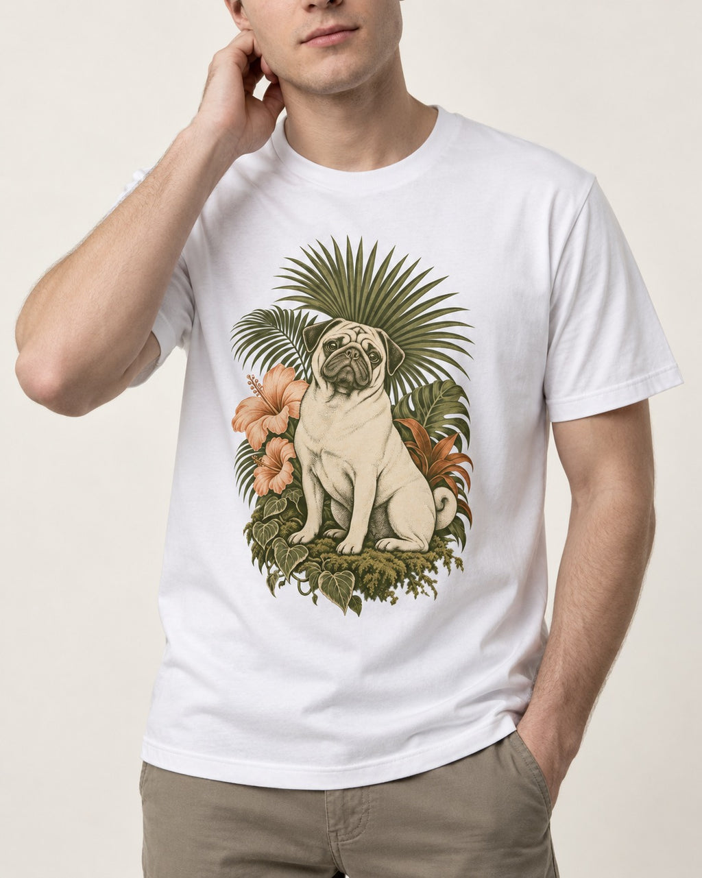 Pug Paradise T-Shirt in White, worn by a model, front view