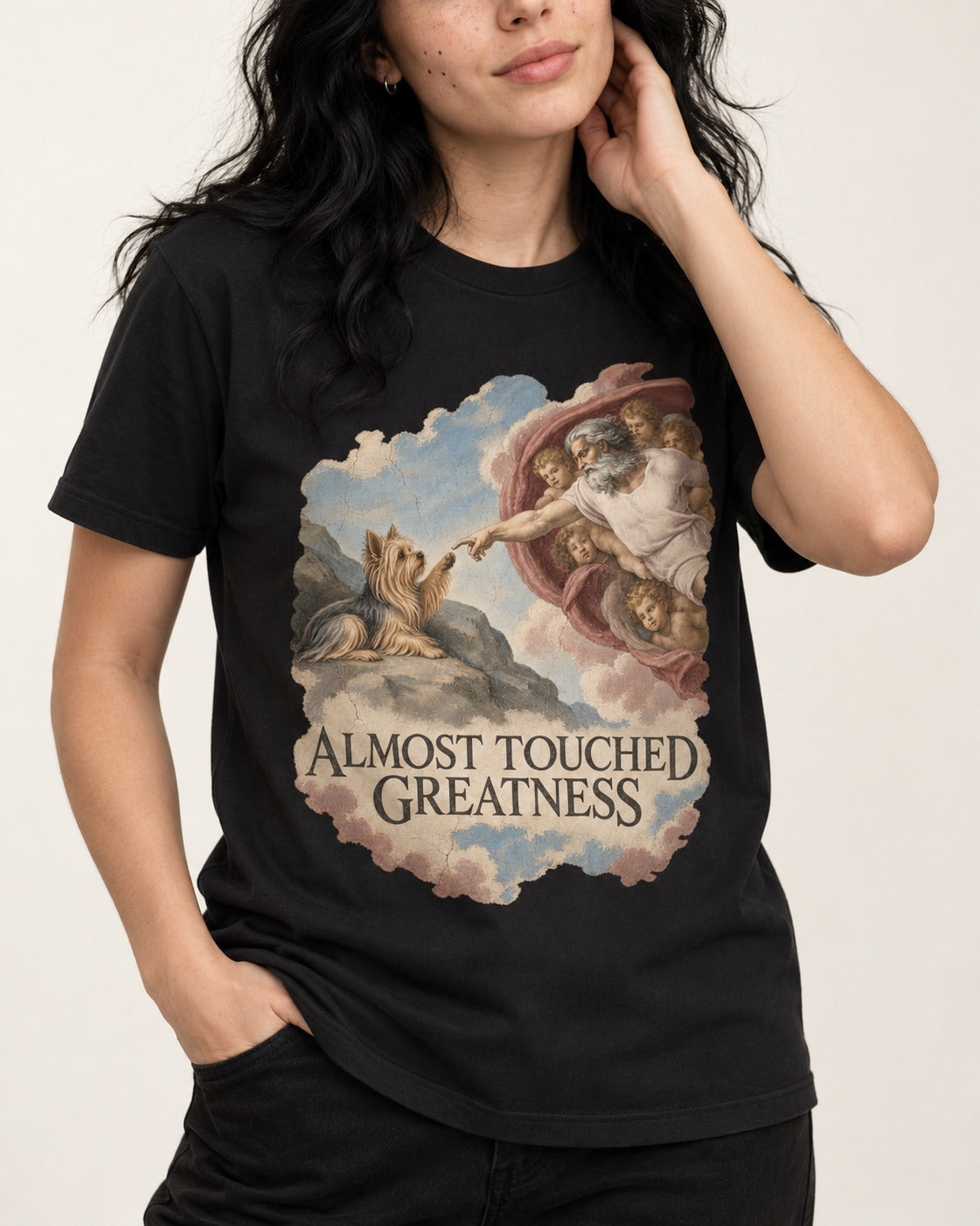 Yorkshire Terrier Almost Touched Greatness Creation Parody Graphic T-Shirt in Black, worn by a model, front view