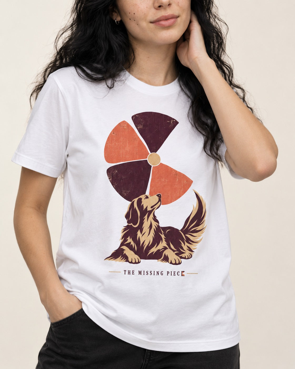 Golden Retriever Is My Missing Piece T-Shirt in White, worn by a model, front view