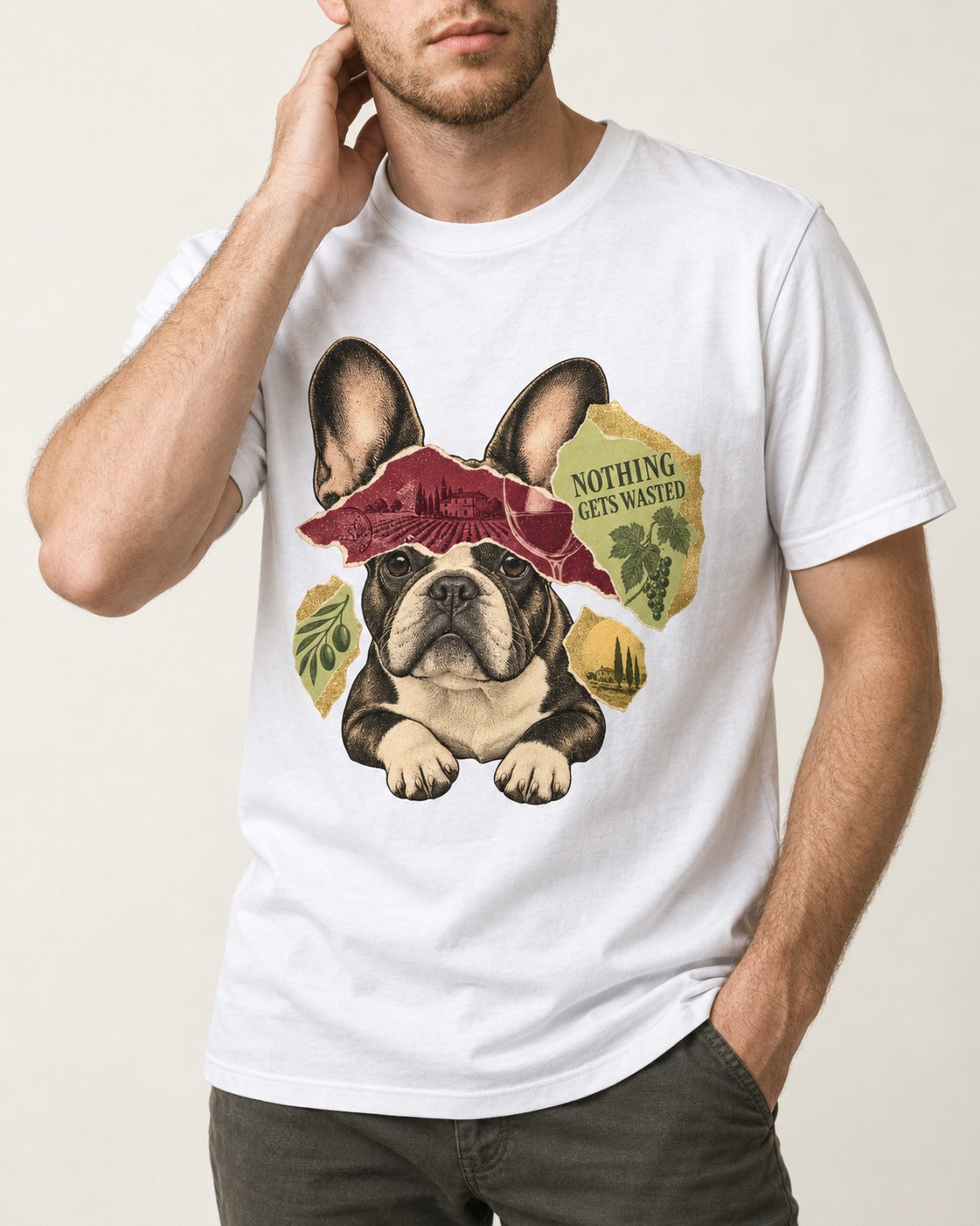 Nothing Gets Wasted with Frenchie T-Shirt in White, worn by a model, front view