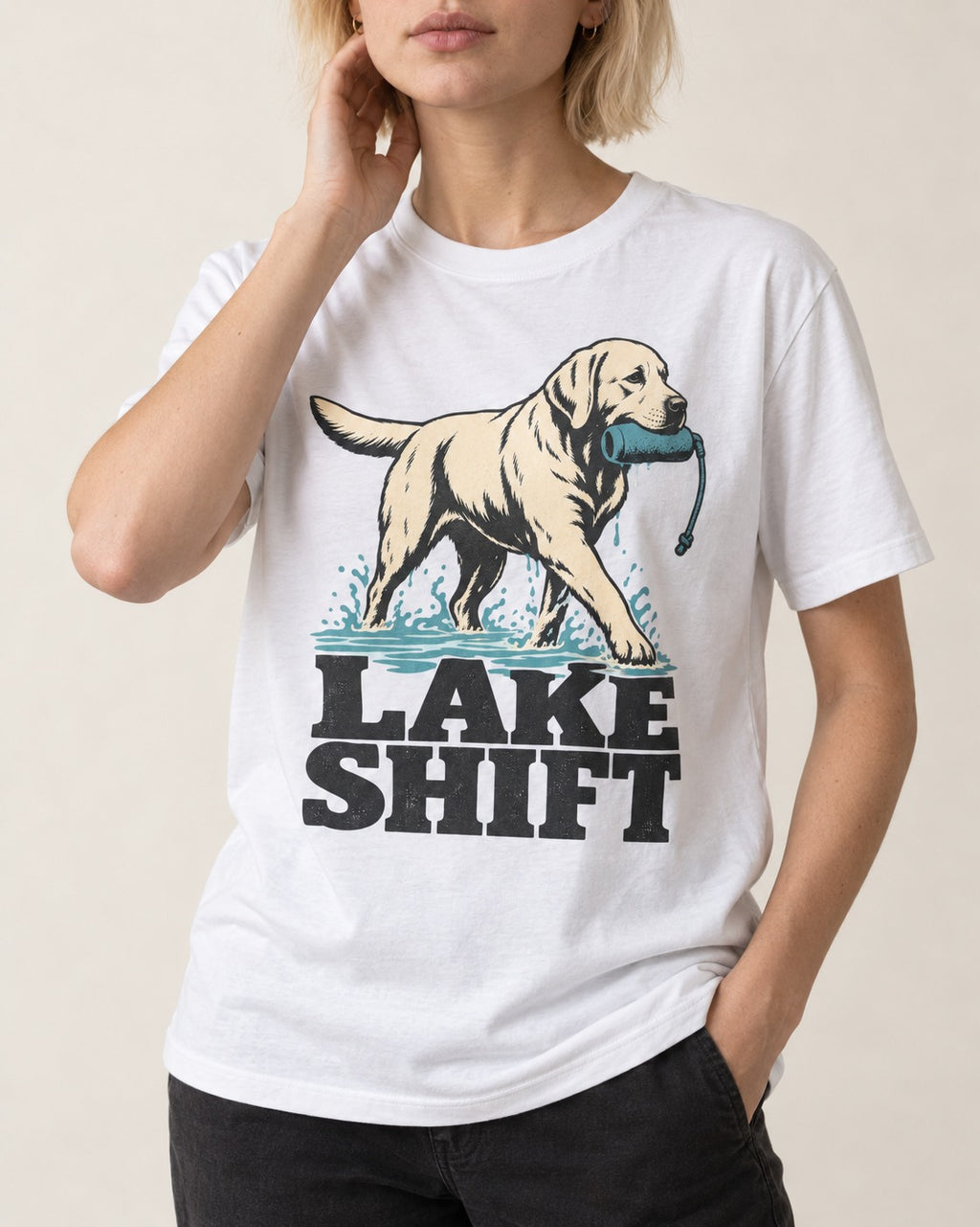 Lake Shift Labrador Retriever T-Shirt in White, worn by a model, front view