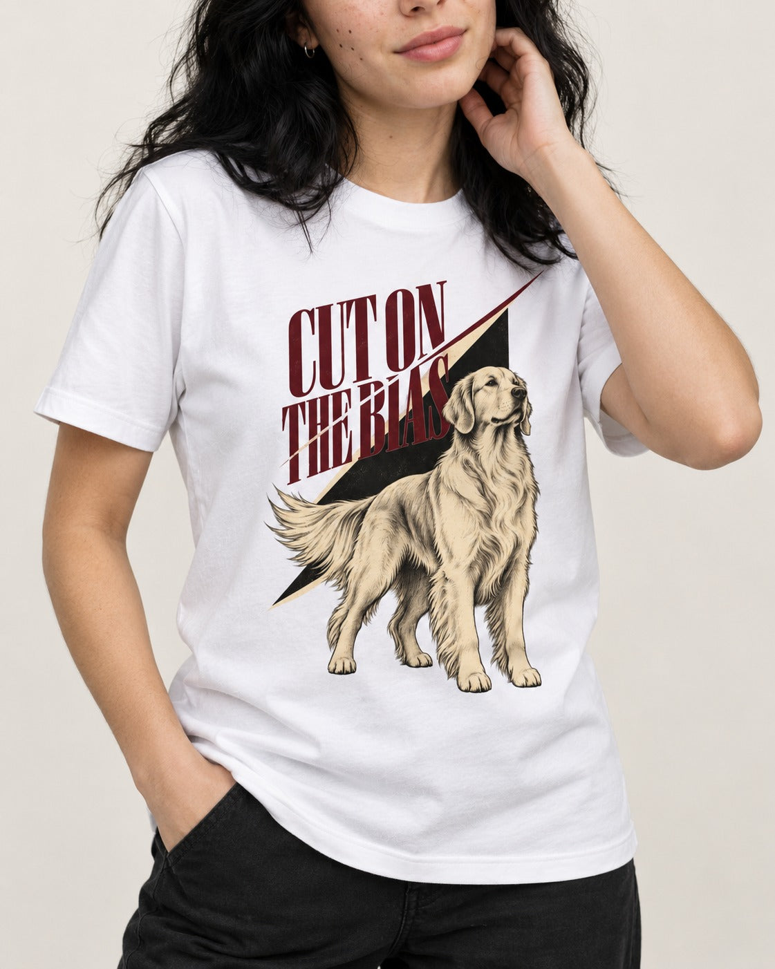 Cut on the Bias Golden Retriever T-Shirt in White, worn by a model, front view