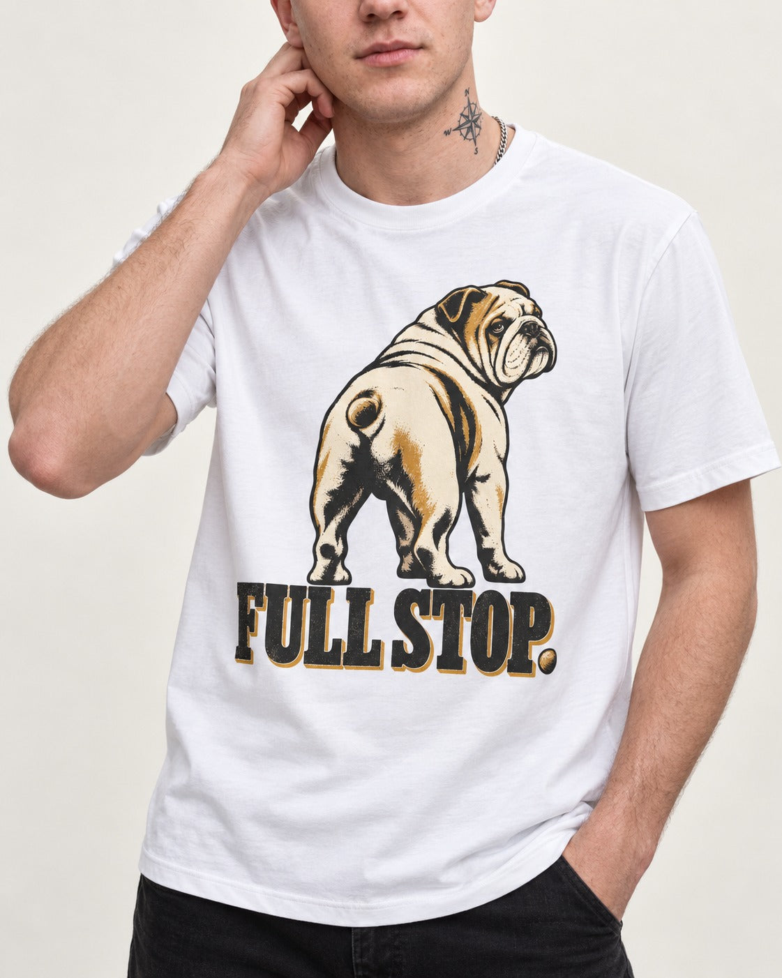 English Bulldog Full Stop T-Shirt in White, worn by a model, front view
