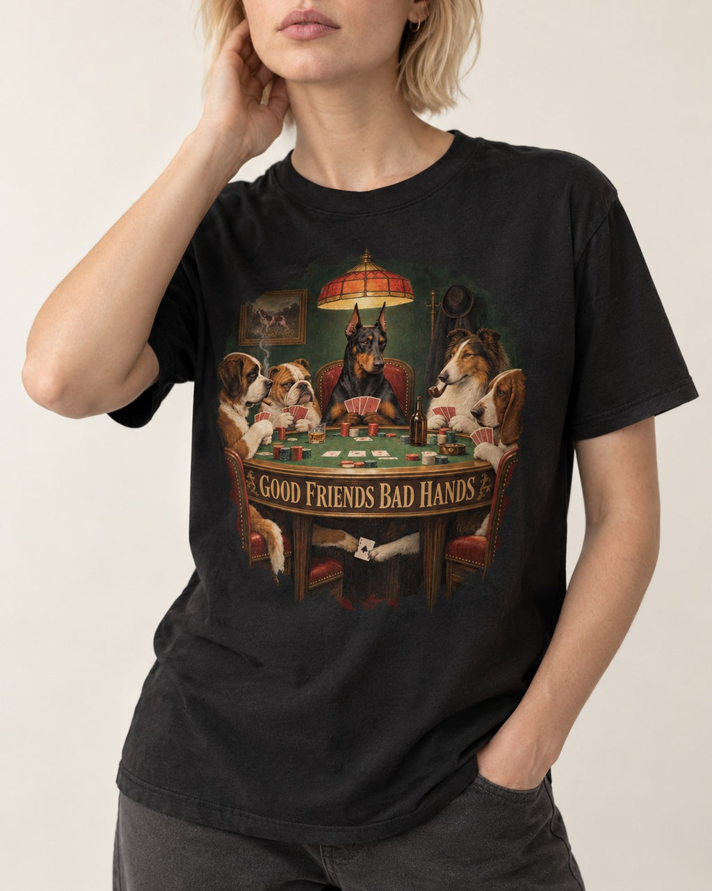 Doberman Good Friends Bad Hands Poker Night Graphic T-Shirt in Black, worn by a model, front view